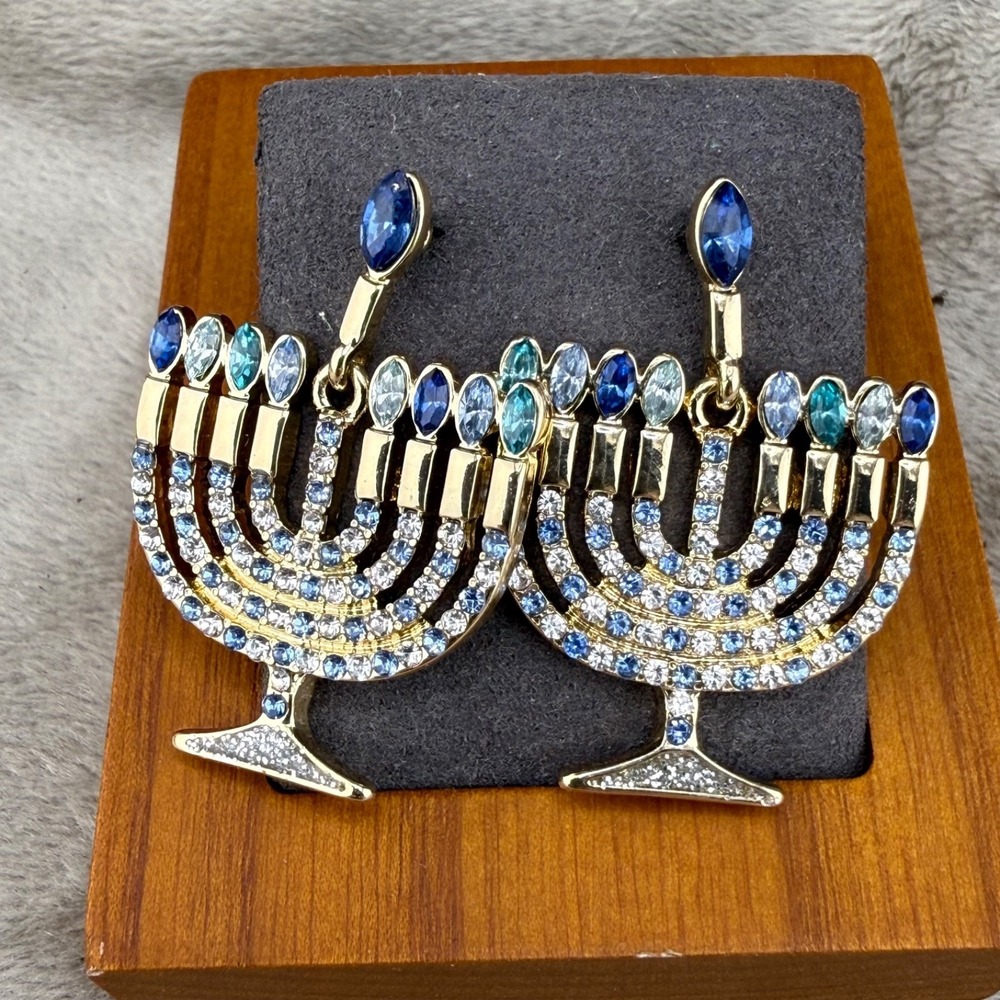 Vintage BaubleBar Menorah Earrings Gold Blue Rhinestone Hanukkah Dangle